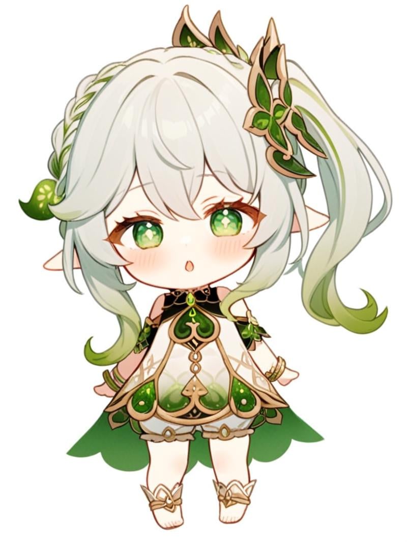 <lora:纳西妲:1>，1girl, nahida_\(genshin_impact\), solo, green_eyes, multicolored_hair, one_eye_closed, chibi, bangs, pointy_ears, simple_background, hair_ornament, side_ponytail, white_hair, white_background, hair_between_eyes, long_hair, looking_at_viewer, symbol-shaped_pupils, white_dress, dress, gradient_hair, jewelry, full_body, sidelocks, bracelet, green_hair, short_sleeves, bloomers, parted_lips, toeless_legwear, cape, braid, ;o