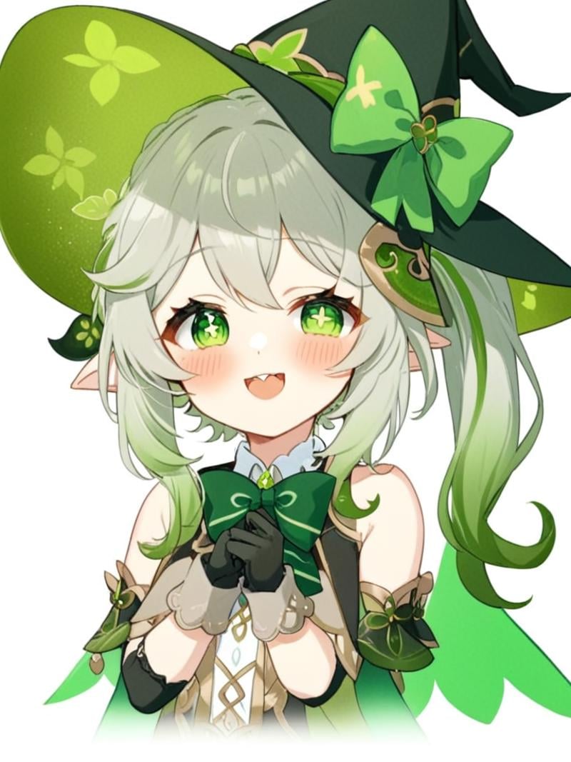 <lora:纳西妲:1>，1girl, nahida_\(genshin_impact\), hat, green_eyes, solo, pointy_ears, witch_hat, one_eye_closed, multicolored_hair, gloves, white_background, green_bow, simple_background, bow, long_hair, smile, black_gloves, green_hair, looking_at_viewer, open_mouth, cross-shaped_pupils, symbol-shaped_pupils, green_headwear, bangs, white_hair, green_cape, gradient_hair, side_ponytail, hat_bow, teeth, streaked_hair, green_bowtie, blush, upper_body, grey_hair