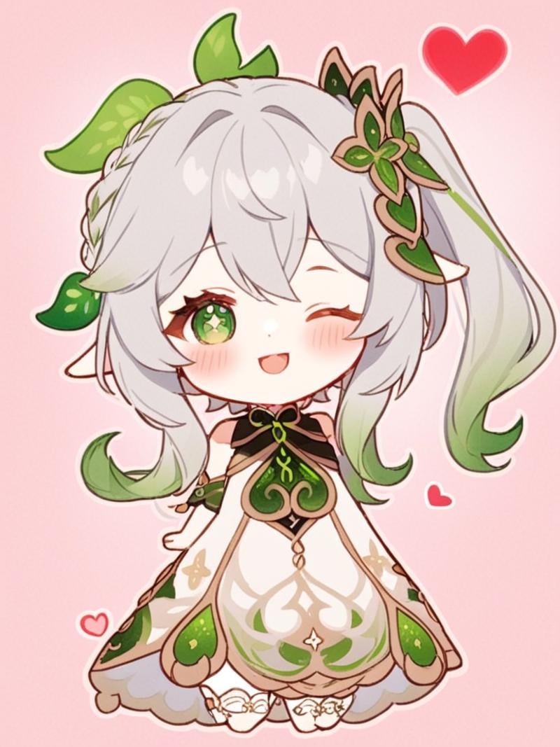 <lora:纳西妲:1>，nahida_\(genshin_impact\), green_eyes, one_eye_closed, heart, hair_ornament, 1girl, smile, symbol-shaped_pupils, green_hair, side_ponytail, blush, bangs, chibi, pointy_ears, multicolored_hair, leaf_hair_ornament, grey_hair, solo, hair_between_eyes, white_hair, long_hair, white_dress, ;\), closed_mouth, braid, cross-shaped_pupils, looking_at_viewer