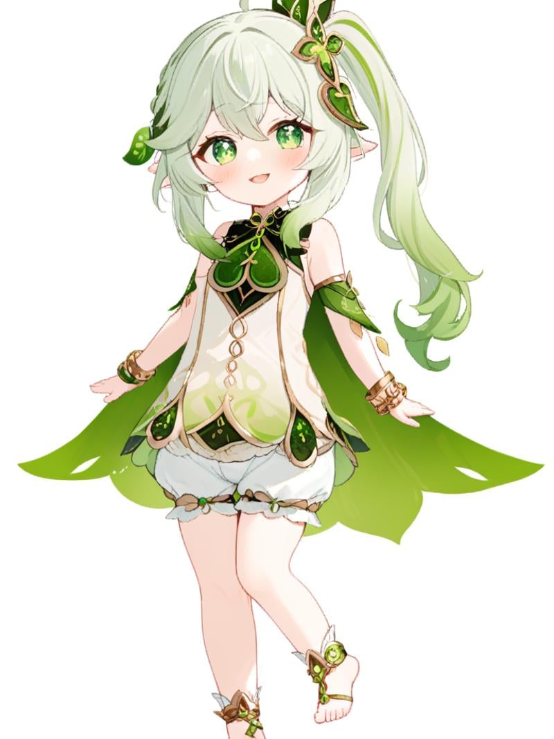 <lora:纳西妲:1>，1girl, nahida_\(genshin_impact\), solo, green_eyes, dress, pointy_ears, multicolored_hair, white_dress, smile, bloomers, side_ponytail, hair_ornament, white_background, white_hair, full_body, long_hair, cross-shaped_pupils, symbol-shaped_pupils, looking_at_viewer, gradient_hair, simple_background, sleeveless_dress, jewelry, green_hair, underwear, sleeveless, bracelet, white_bloomers, detached_sleeves, green_cape, bangs, arm_behind_back, toes, toeless_footwear, cape, hair_between_eyes, closed_mouth, female_child, green_sleeves, leaf_hair_ornament, standing