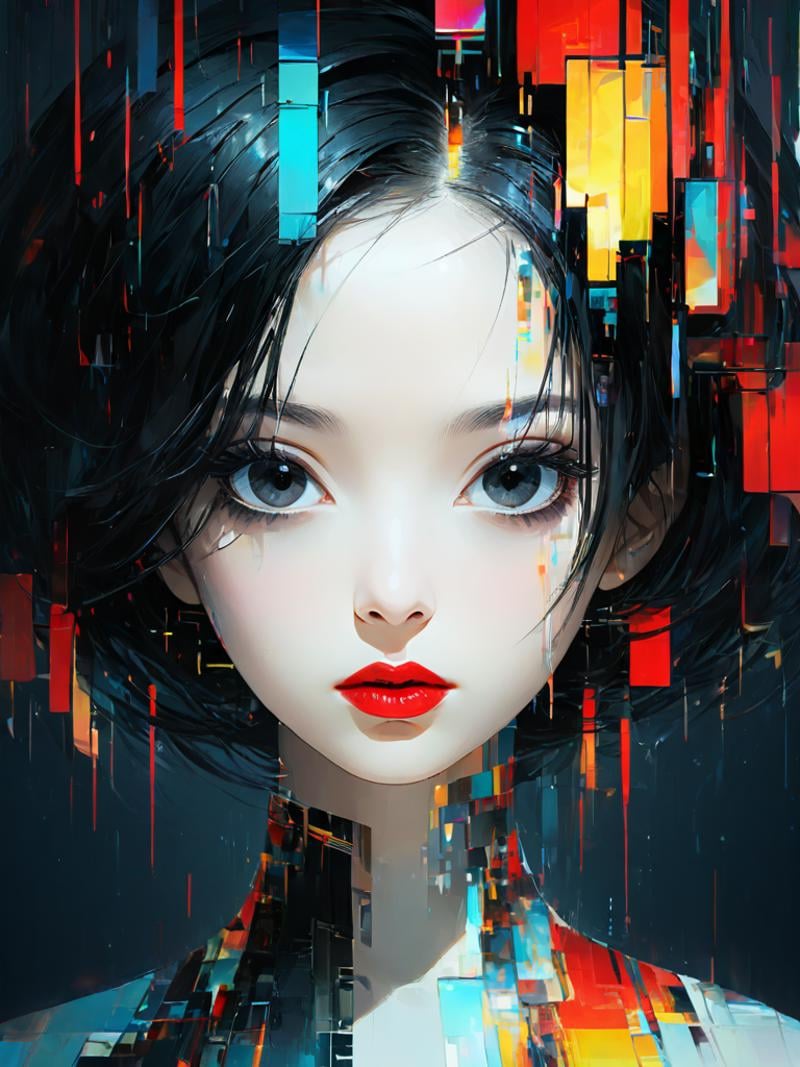 <lora:故障风:1.2>,(\gu zhang feng\), 1girl, solo, black hair, looking at viewer, portrait, parted lips, lips, black eyes, short hair, abstract, glitch, red lips