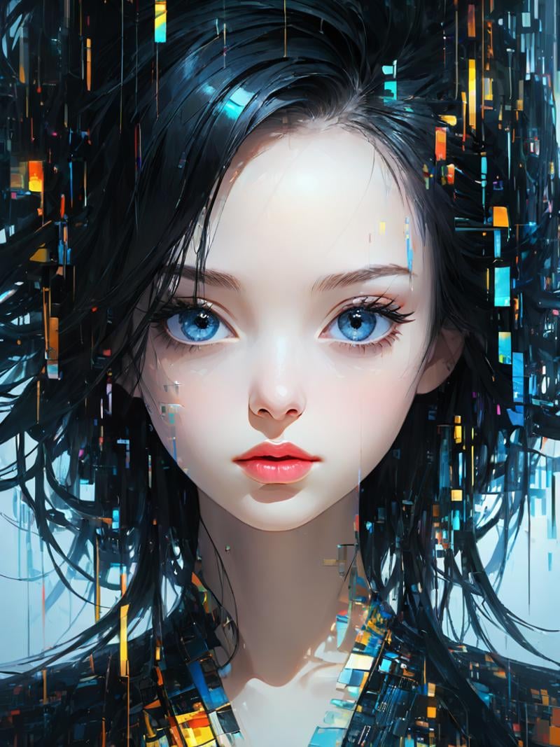 <lora:故障风:1>,(\gu zhang feng\), 1girl, solo, looking at viewer, black hair, lips, portrait, parted lips, nose, realistic, forehead, blue eyes, black eyes, glitch