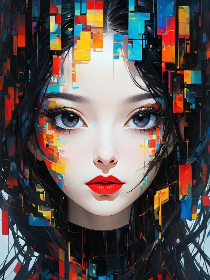 <lora:故障风:1>,(\gu zhang feng\), 1girl, solo, looking at viewer, red lips, black hair, long hair, portrait, lips, abstract, parted lips, colorful, makeup, nose, black eyes