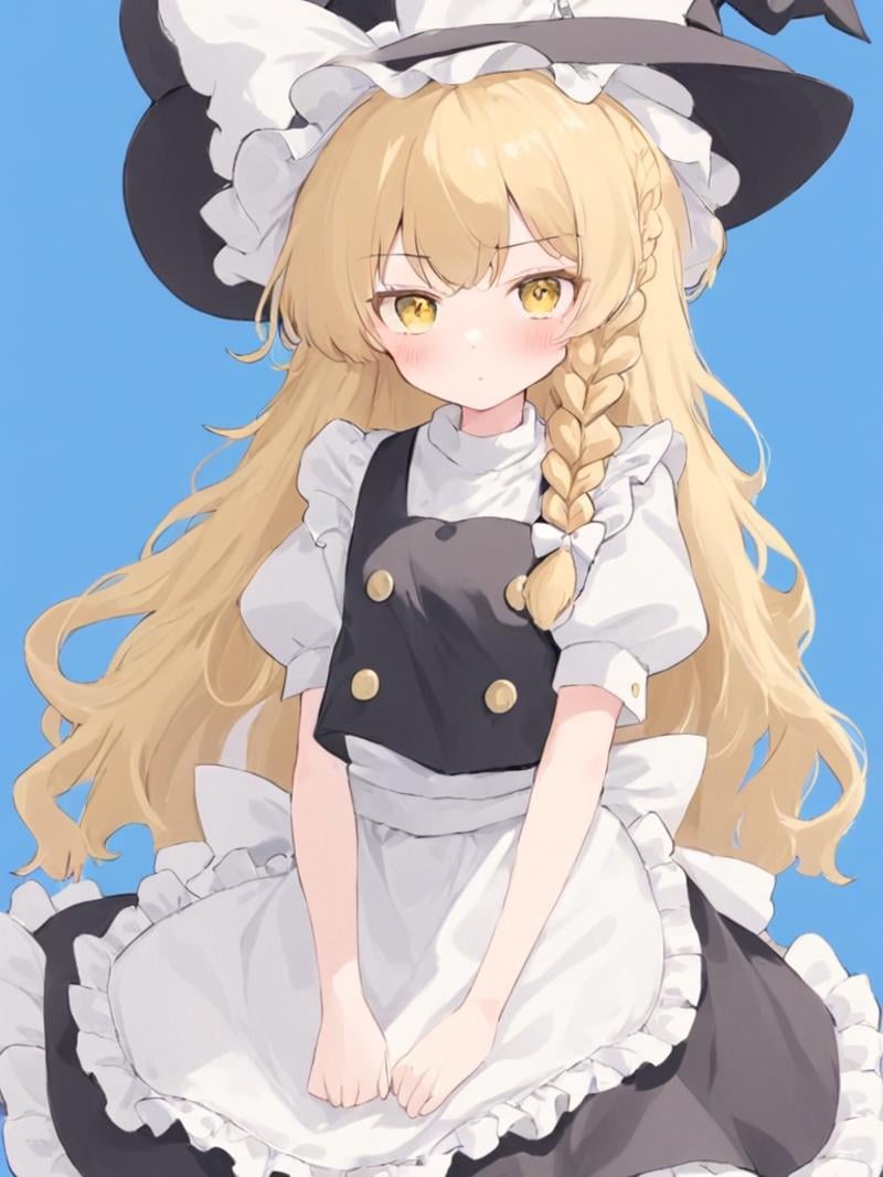 <lora:kirisame_marisa:1>,1girl, kirisame_marisa, solo, hat, long_hair, blonde_hair, braid, witch_hat, apron, yellow_eyes, waist_apron, single_braid, short_sleeves, vest, shirt, black_vest, skirt, white_shirt, simple_background, hat_bow, bow, white_bow, looking_at_viewer, black_skirt, black_headwear, blue_background, puffy_sleeves, frills, blush, puffy_short_sleeves, white_apron, bangs, side_braid, buttons