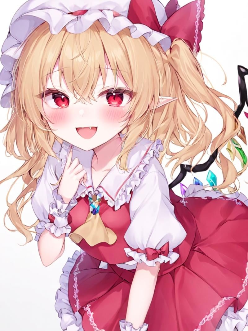 <lora:芙兰朵露:1>,1girl, solo, flandre_scarlet, blonde_hair, hat, wings, short_sleeves, red_skirt, red_vest, mob_cap, puffy_sleeves, puffy_short_sleeves, fang, vest, skirt, red_eyes, open_mouth, smile, white_headwear, wrist_cuffs, white_background, one_side_up, simple_background, looking_at_viewer, :d, bow, crystal, pointy_ears, shirt, white_shirt, blush, hat_bow, ribbon, frills, brooch, red_bow, frilled_shirt_collar, white_bow, bangs, long_hair, hair_between_eyes, jewelry