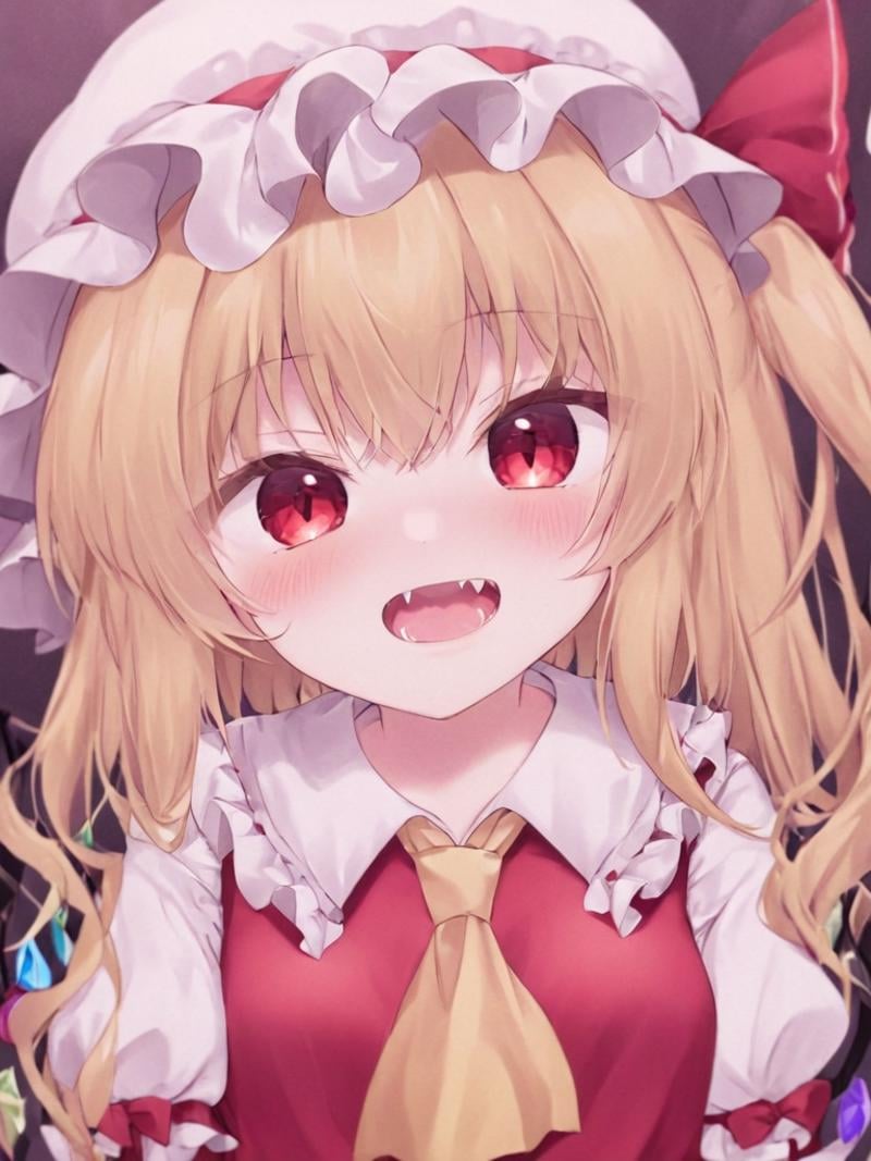 <lora:芙兰朵露:1>,1girl,solo,flandre_scarlet,hat,blonde_hair,wings,mob_cap,red_eyes,ascot,white_headwear,fang,yellow_ascot,vest,puffy_short_sleeves,red_vest,bangs,hat_bow,one_side_up,shirt,crystal,long_hair,skin_fang,