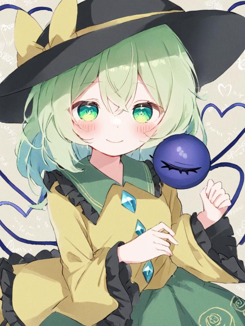 <lora:古明地恋:1>,1girl, solo, komeiji_koishi, hat, shirt, third_eye, yellow_shirt, skirt, smile, looking_at_viewer, black_headwear, long_sleeves, green_skirt, closed_mouth, frills, ribbon, hat_ribbon, frilled_shirt_collar, yellow_ribbon, green_eyes, blush, diamond_button, hair_between_eyes, heart, blouse, bangs, eyeball, medium_hair, blue_eyes, symbol-shaped_pupils, green_hair, buttons, bright_pupils