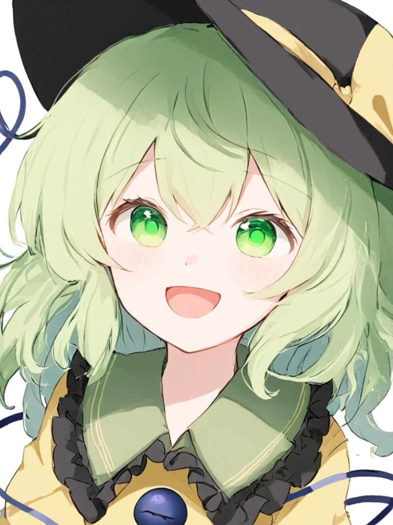 <lora:古明地恋:1>,1girl, solo, hat, komeiji_koishi, green_eyes, green_hair, shirt, yellow_shirt, open_mouth, black_headwear, smile, upper_body, white_background, looking_at_viewer, simple_background, ribbon, frills, hat_ribbon, yellow_ribbon, third_eye, frilled_shirt_collar, bangs