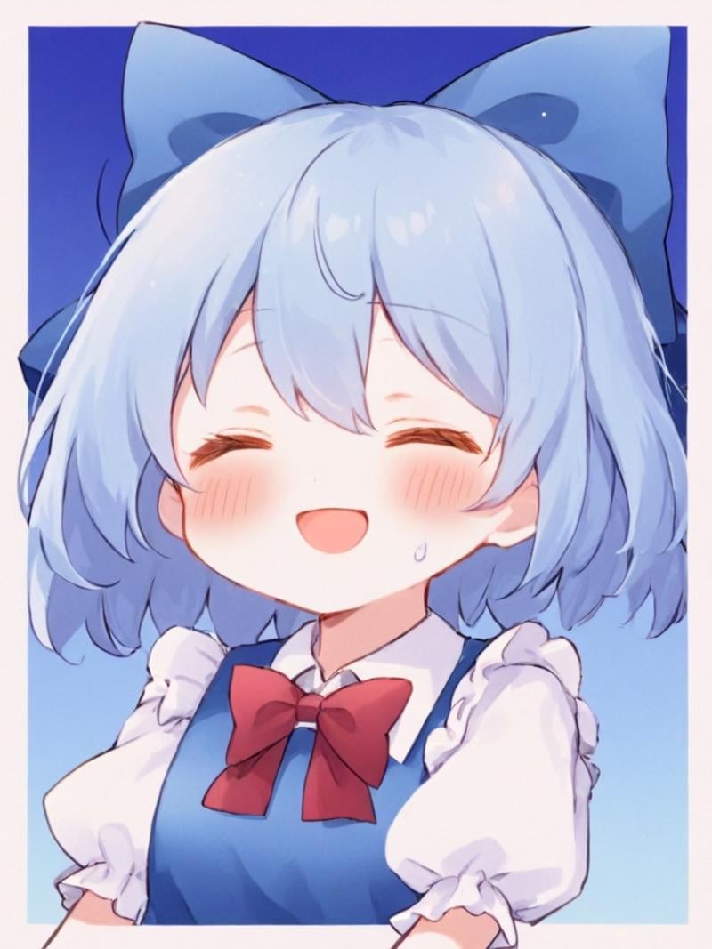 <lora:琪露诺:1>,1girl, bow, solo, blue_hair, cirno, blue_bow, smile, bowtie, open_mouth, red_bow, red_bowtie, hair_bow, shirt, blue_background, closed_eyes, border, puffy_sleeves, >_<, short_hair, white_shirt, upper_body, blush, hair_between_eyes, bangs, blue_dress, dress, gradient, gradient_background, :d, short_sleeves, collared_shirt, puffy_short_sleeves, white_border