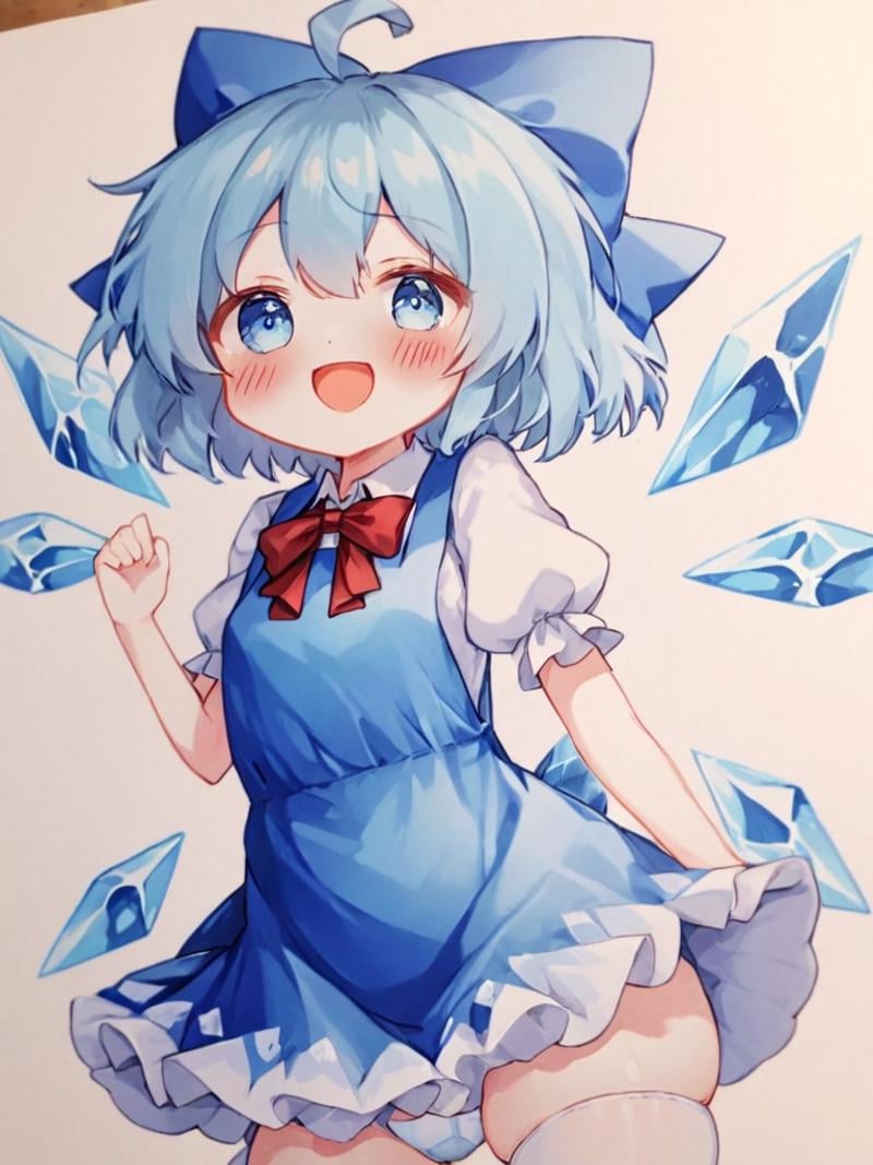 <lora:琪露诺:1>,1girl, solo, cirno, bow, blue_dress, dress, wings, blue_eyes, short_sleeves, white_shirt, blue_hair, short_hair, hair_bow, shirt, collared_shirt, open_mouth, ice_wings, puffy_short_sleeves, puffy_sleeves, ice, red_bowtie, blue_bow, bloomers, smile, underwear, pinafore_dress, red_bow, bowtie, thighhighs, fairy, blush_stickers, ahoge, detached_wings, drooling