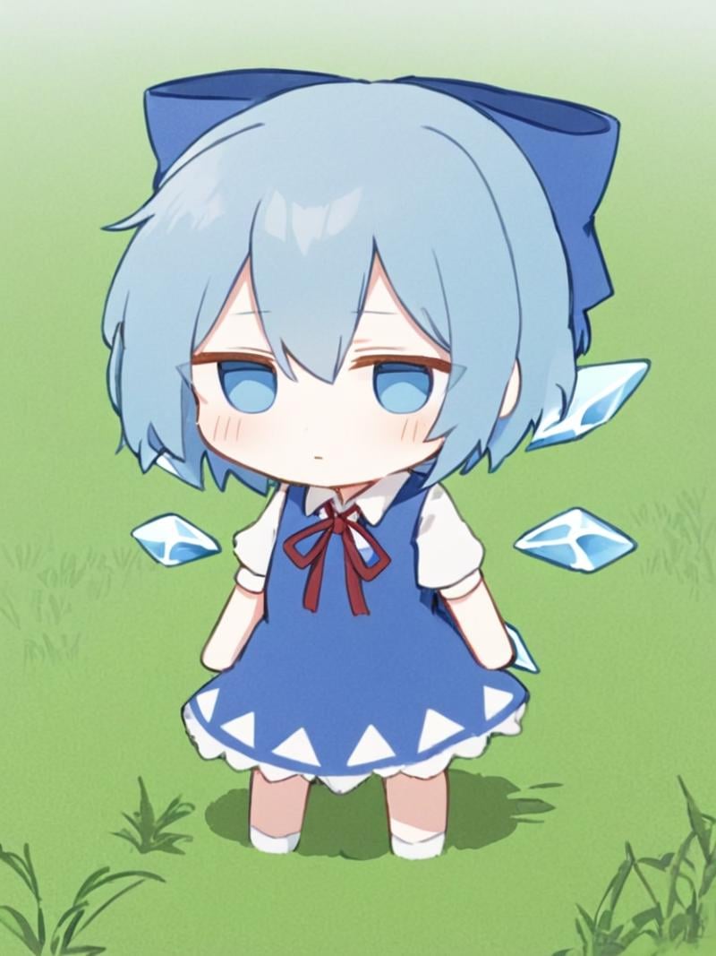 <lora:琪露诺:1>,1girl, solo, blue_hair, cirno, chibi, bow, blue_eyes, dress, blue_bow, hair_bow, blue_dress, short_hair, short_sleeves, ribbon, red_ribbon, closed_mouth, hair_between_eyes, neck_ribbon, bangs, white_shirt, shirt, full_body, grass, wings, ice_wings, outdoors, collared_shirt