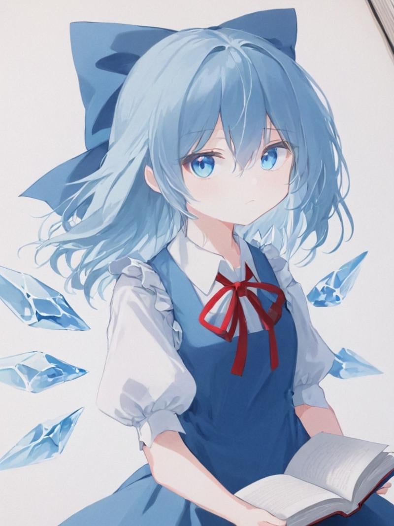 <lora:琪露诺:1>,1girl, cirno, solo, blue_eyes, blue_hair, bow, book, alternate_hair_length, alternate_hairstyle, long_hair, blue_bow, short_sleeves, hair_bow, wings, upper_body, hair_between_eyes, holding_book, shirt, blue_dress, holding, red_ribbon, dress, looking_at_viewer, puffy_sleeves, ice_wings, white_shirt, puffy_short_sleeves, neck_ribbon, ice, ribbon, bangs, signature, closed_mouth, open_book, collared_shirt, white_background