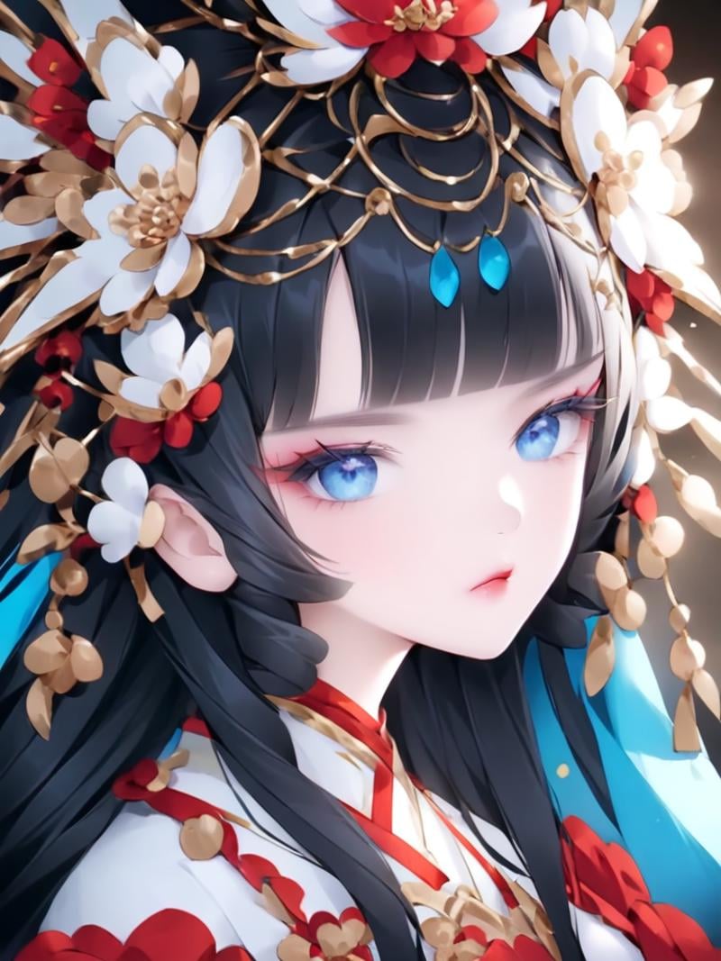 <lora:huadanx_xl:1>,(\hua dan\),1girl, solo, black hair, long hair, looking at viewer, bangs, blue eyes, parted lips, drill hair, portrait, blunt bangs, eyelashes