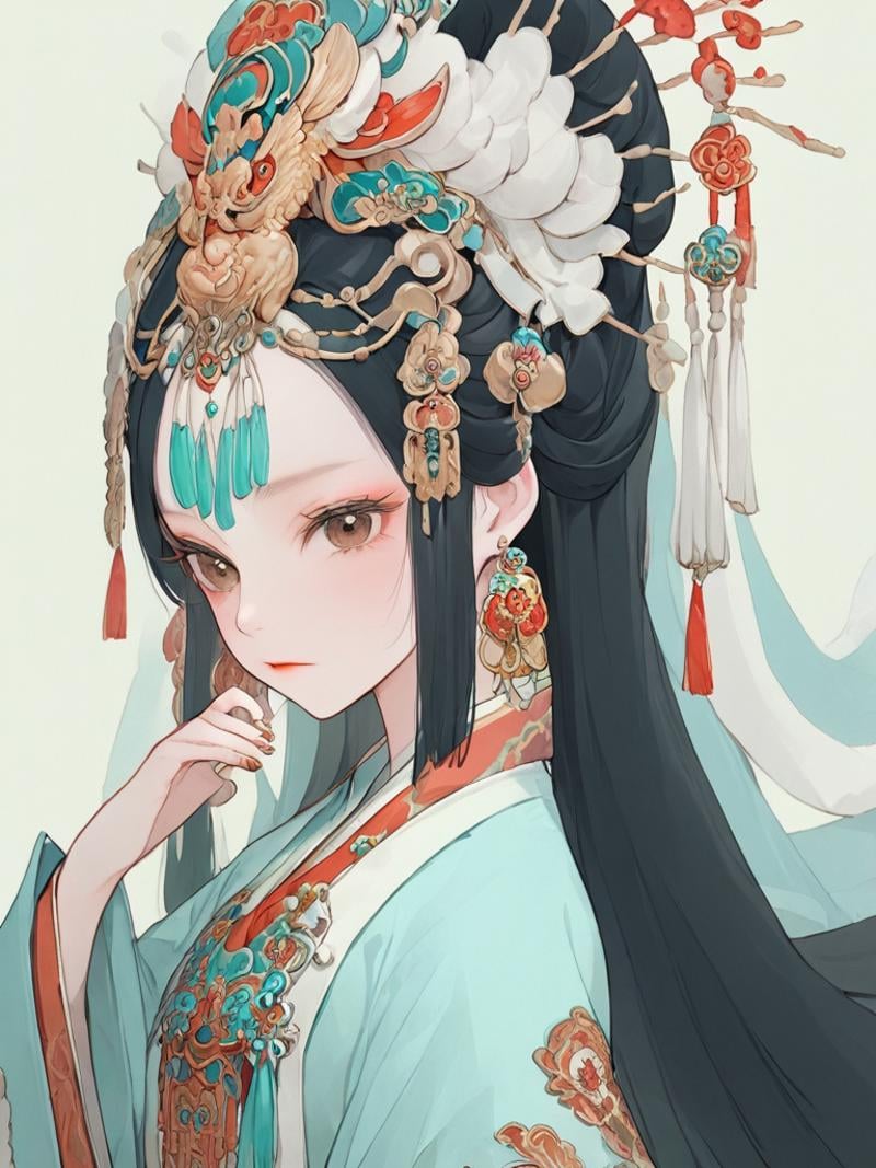 <lora:huadanx_xl:1>,(\hua dan\),1girl, solo, black hair, long hair, upper body, long sleeves, simple background, closed mouth, wide sleeves, brown eyes, nail polish, grey eyes, looking away, eyelashes