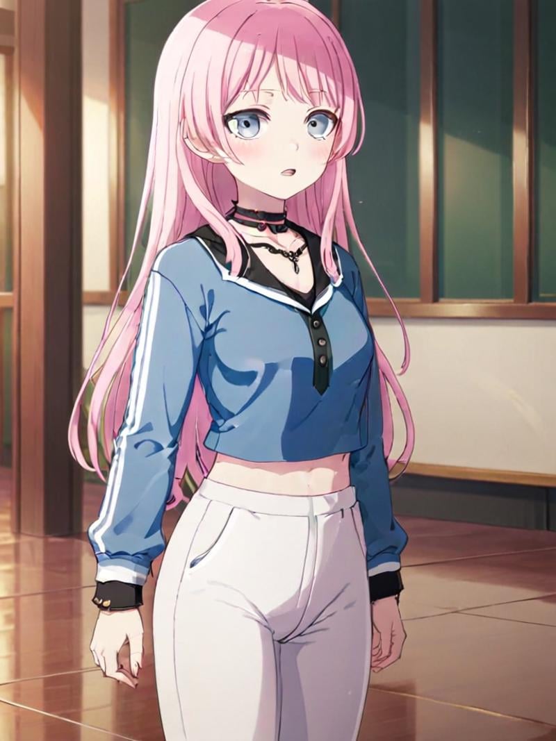 masterpiece,1girl,:d,bangs,black choker,blue eyes,blush,choker,(cowboy shot:1.3),collared shirt,grey eyes,pink hair,<lora:AnonXL:0.7>,tracksuit,full body,