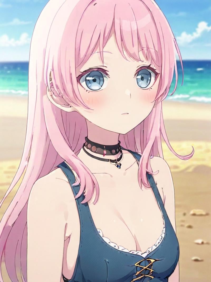 masterpiece, 1girl, :d, bangs, black choker, blue eyes, blush, choker, (cowboy shot:1.3), collared shirt, grey eyes, pink hair<lora:AnonXL:0.7>,swimsuit,