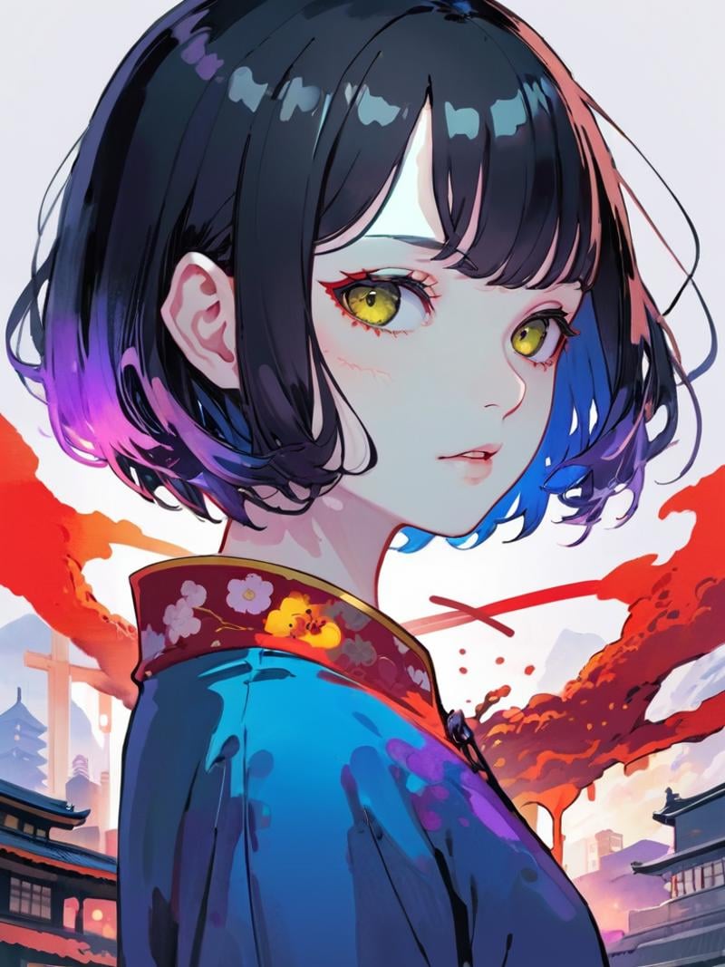 (Masterpiece:1.2),((intricate details)),cover art,chaos,1girl,japanese girl,short hair,black hair,bangs,hair on forehead,high quality,(red, blue, yellow, purple, green ink),((front view)),face dripping,clothes dripping,ink dripping,(addnet weight 1:1),(double exposure),ink scenery,