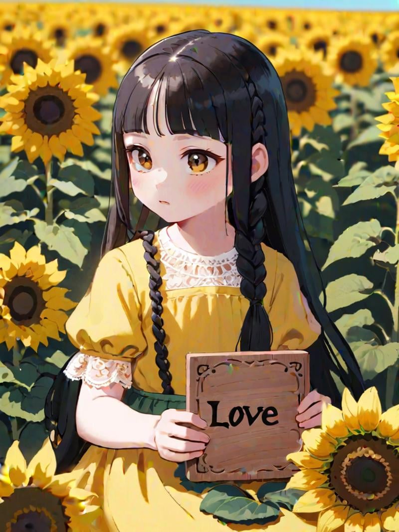 A young girl with long black hair in braids sitting pensively in a sunny flower field of yellow sunflowers. She is wearing a pale yellow dress with white lace trims. In her right hand she is holding up a small wooden plaque carved with the word "LOVE" in the center.