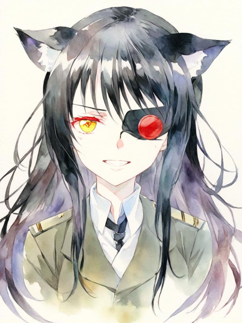 <lora:shuicai:1>,watercolor (medium), 1girl, animal ears, solo, heterochromia, dog ears, eyepatch removed, dog girl, long hair, extra ears, uniform, eyepatch, black hair, military uniform, military, red eyes, yellow eyes, smile, hair down, alternate hairstyle