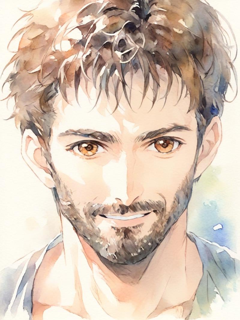 <lora:shuicai:1>,watercolor (medium), 1boy, male focus, solo, facial hair, black hair, brown eyes, smile, manly, brown hair, stubble, beard, looking at viewer, upper body, portrait