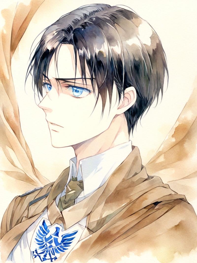 <lora:shuicai:1>,watercolor (medium), 1boy, male focus, solo, curtained hair, blue eyes, ascot, paradis military uniform, brown hair, jacket, cape, survey corps (emblem), black hair, upper body