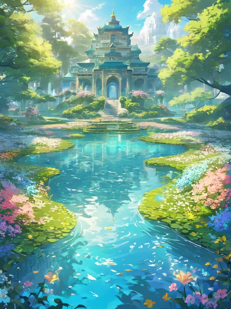 (extremely detailed CG unity 8k wallpaper),(((masterpiece))), (((best quality))), ((ultra-detailed)), (best illustration),(best shadow), ((an extremely delicate and beautiful)),dynamic angle,floating, fairyland,dynamic angle,sea of flowers,beautiful detailed garden,wind,classic,spring, (detailed light),feather, nature, (sunlight), river, forest,(((floating palace))),((the best building)),beautiful and delicate water,(painting),(sketch),(bloom),(shine)