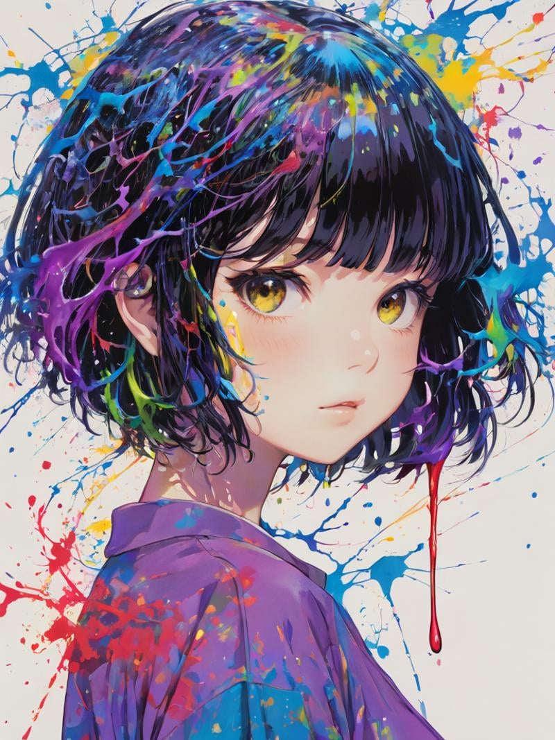 (Masterpiece:1.2), ((intricate details)), cover art, chaos,upper body, 1girl, japanese girl, short hair, black hair, bangs, hair on forehead, high quality, (red, blue, yellow, purple, green ink), ((front view)), face dripping, clothes dripping, ink dripping, (addnet weight 1:1.0), (double exposure), ink scenery