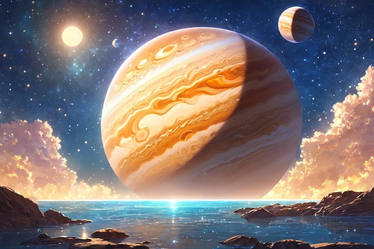 best quality,masterpiece,highres,original,2D,anime,no humans,cola exists,planetarium,sky,fantasy,(giant Jupiter:1.5),blue,(huge Jupiter:1.5),(masterpiece:1.5),(the best quality, super fine illustrations, beautiful and delicate water),(very delicate light),starfall,clean sky,night sky,night,depth of field,(Two moons:1.5),Giants,Megaphobia,(extremely detailed CG unity 8k wallpaper),(ultra-detailed),(extremely delicate and beautiful),