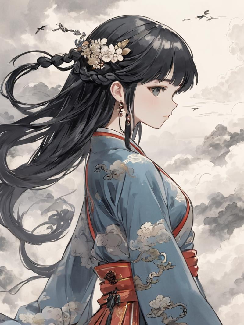 2D, upper body, Ink and wash, 1girl, solo, hair ornament, bug, braid, jewelry, long hair, black hair, flower, chinese clothes, earrings, long sleeves, from side, dress ,mythical clouds