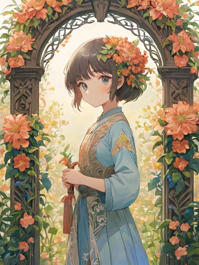 2D, upper body, (Arts and Crafts Movement), (masterpiece), (best quality), 1girl, (an extremely detailed and beautiful)Flower gate