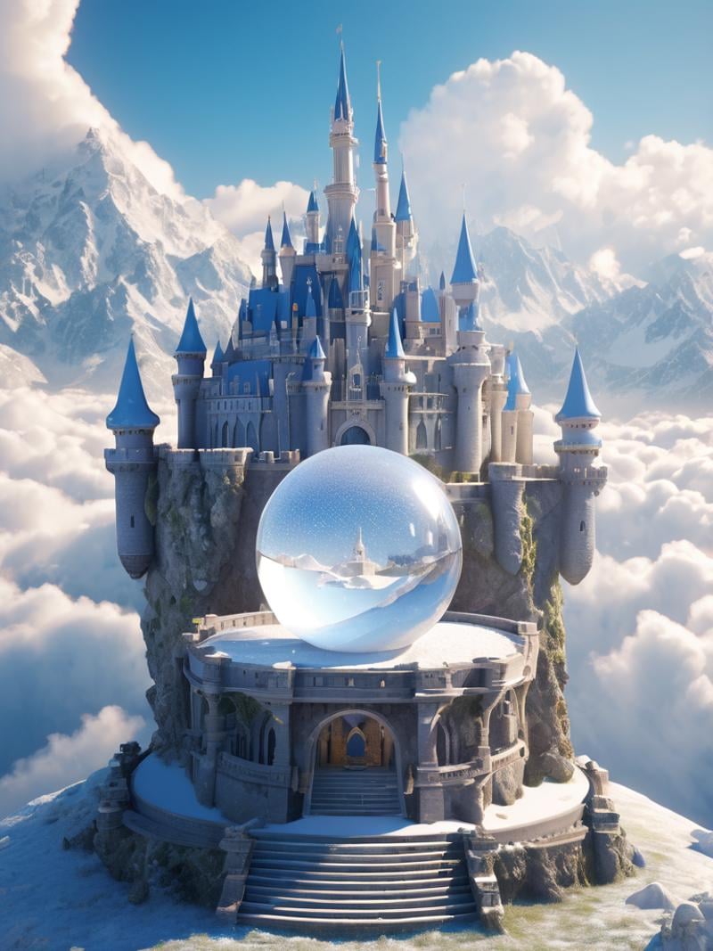 Masterpiece, stunning, super detailed, highest quality, uniform 8K wallpaper, illustrations,(crystal ball close-up),(1 huge crystal ball)+(High transparency crystal ball perspective),(1 white crystal-sculpture-castle inside of crystal ball:1.4)+((detailed white crystal-sculpture-castle floating above the clouds) and(no gravity:1.3)and (some snow flying under crystal-sculpture-castle) and (highly transparent crystal-sculpture-castle))+(no gravity:1.3),(intricate details:1.2),fantasy, fairy tale world,Light leakage, detailed details glow,(ray tracing),(Realistic:0.7), (3D:0.7), (OC renderer:0.7), best lighting,