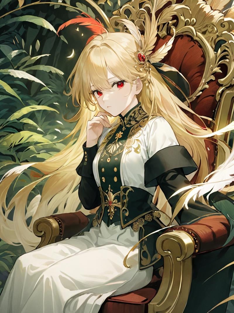 anime,Medium view,girl focus,a girl,sitting sideways on a luxurious chair,hand supporting chin,looking out of the camera,red eyes,detailed engraved picture part,delicate and beautiful face,exotic,mysterious forest,high detail red eyes,wind,wind blowing hair,windward,high detail hair,aristocratic clothing,fluff,golden feathers,epic,masterpiece,wooden,old,golden hair,1girl,,<lora:ayaka:1>,