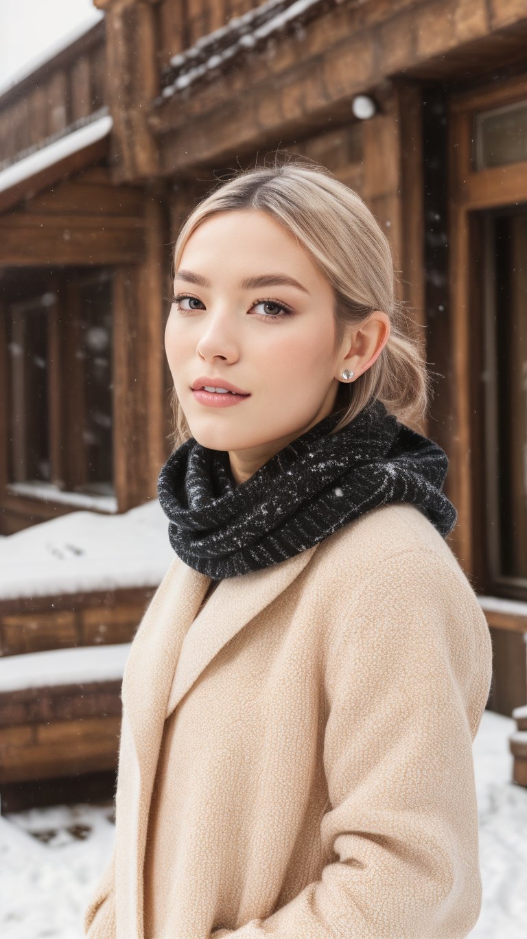 A stunning Korean girl, Woman 1, stands confidently in a front shot, adorned with long black hair framing her beautiful and delicate eyes. Her pale skin glows under the soft, dreamy lighting, complemented by a bright smile that radiates elegance. A necklace and small earrings add a touch of fantasy to her realistic portrait, while a handbag and winter parka hint at her casual, snowy street surroundings. Bangs gently sweep across her forehead as she wears a shy yet endearing expression, her medium chest subtly visible beneath the scarf wrapped around her neck. The camera captures every detail, from the snowflakes gently falling behind her to the footprints leading up to where she stands, all in stunning 8K resolution.