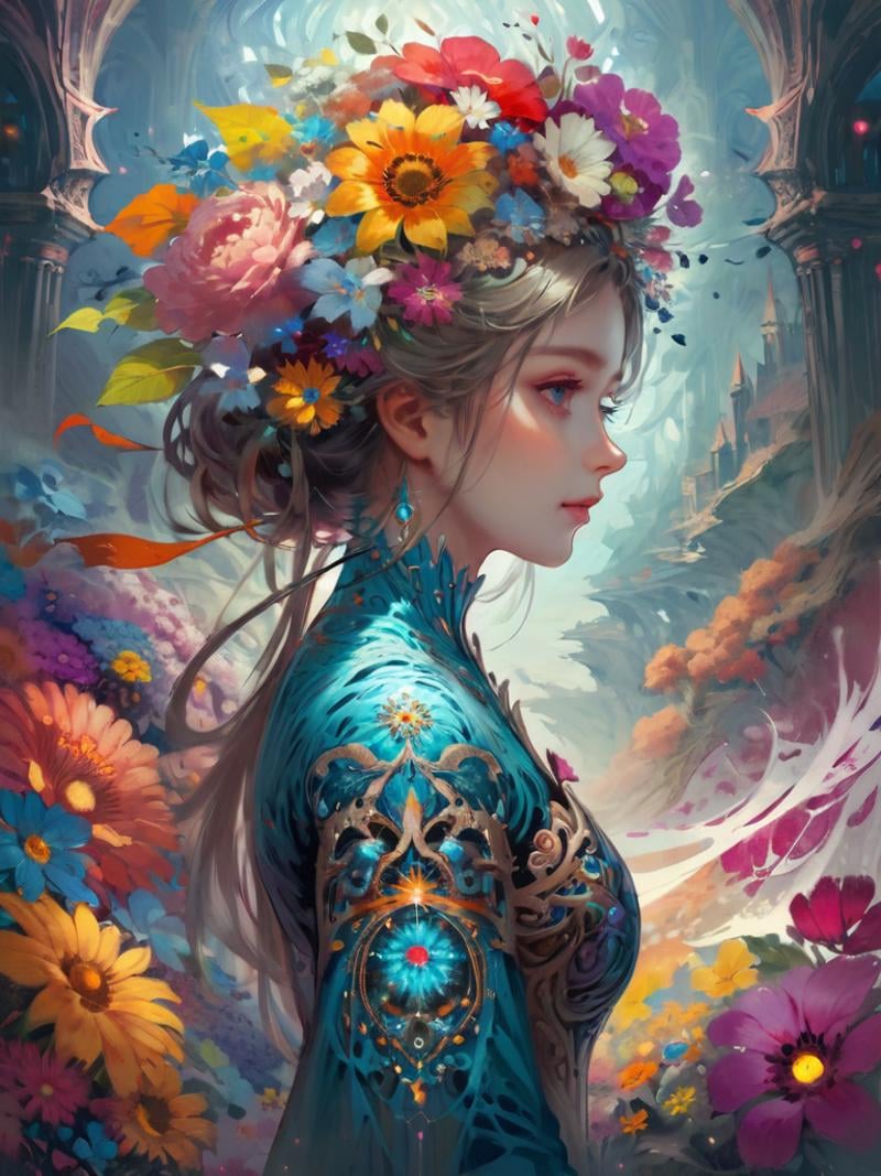 1girl,(masterpiece, top quality, best quality, official art, beautiful and aesthetic:1.2), (1girl), extreme detailed,flowers,(fractal art:1.3),colorful,highest detailed,