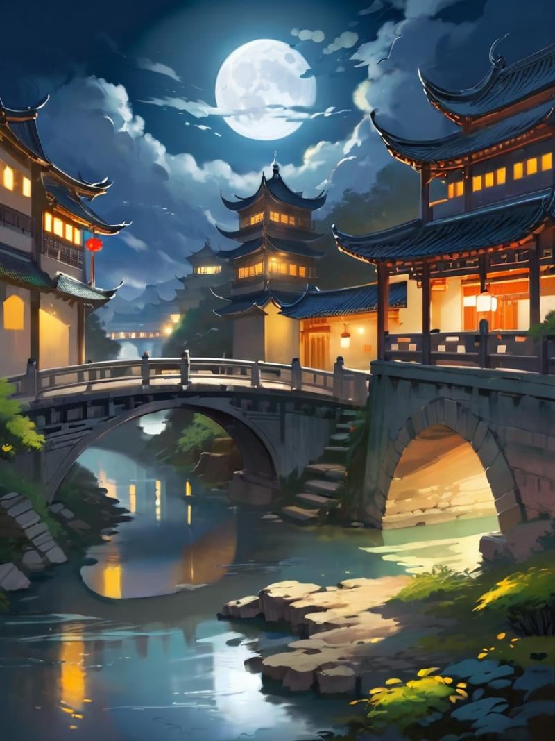 Mid-autumn, full moon, night view, plants, ancient buildings, bridge, Backlight, Creek, Clouds, Chinese architecture, brightly lit