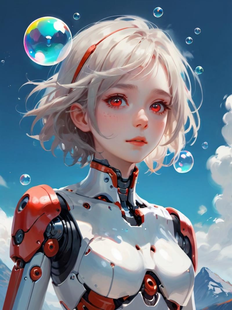 (best quality illustration masterpiece), (detailed eyes), (white skin), (detailed hair), (extremely detailed 8k CG unity wallpaper), (amazing designer), (best film studio cinema lighting), simple and comfortable color palettes, a girl (with mechanical arms), thin, humanoid body, expressionless face, (expressive eyes and emotions background with soap bubbles, beautiful blue sky, a beautiful and vast place at the same time, (girl's eyes red),