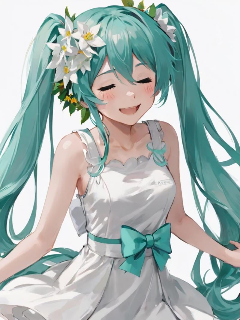 1girl,solo,hatsune miku,closed eyes,twintails,dress,head wreath,long hair,smile,flower,white background,white dress,simple background,aqua hair,sleeveless,hair ornament,bow,hair flower,ahoge,sleeveless dress,