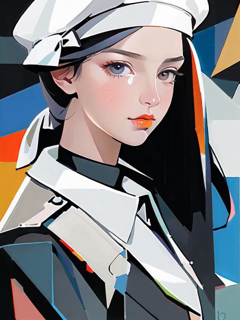 Maidens of Avignon, colorful, flat_color, limited palette, {{by Picasso}}, {{cubism}}, {{a girl}}, pretty face, upper body,  flat_chest, floating black jacket, white school uniform, white beret), bowknot over white beret 