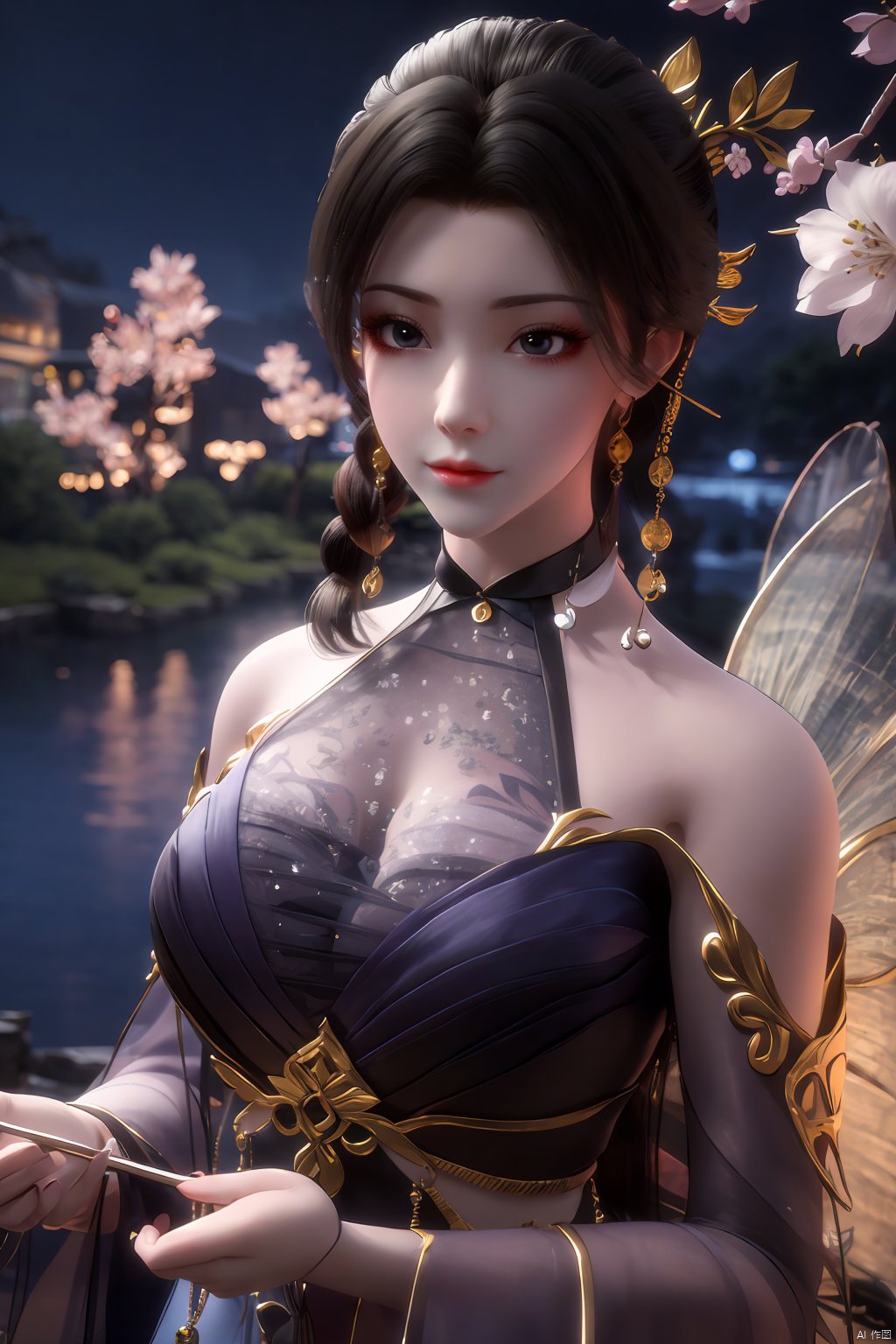  Upper body, panoramic view, exploring cherry blossom branches, fairyland, light blue elements, night, side light shining on the face,Xlujiejie,Xyunxi, Xlongnv, Yunxiao_Fairy,Xtianhu