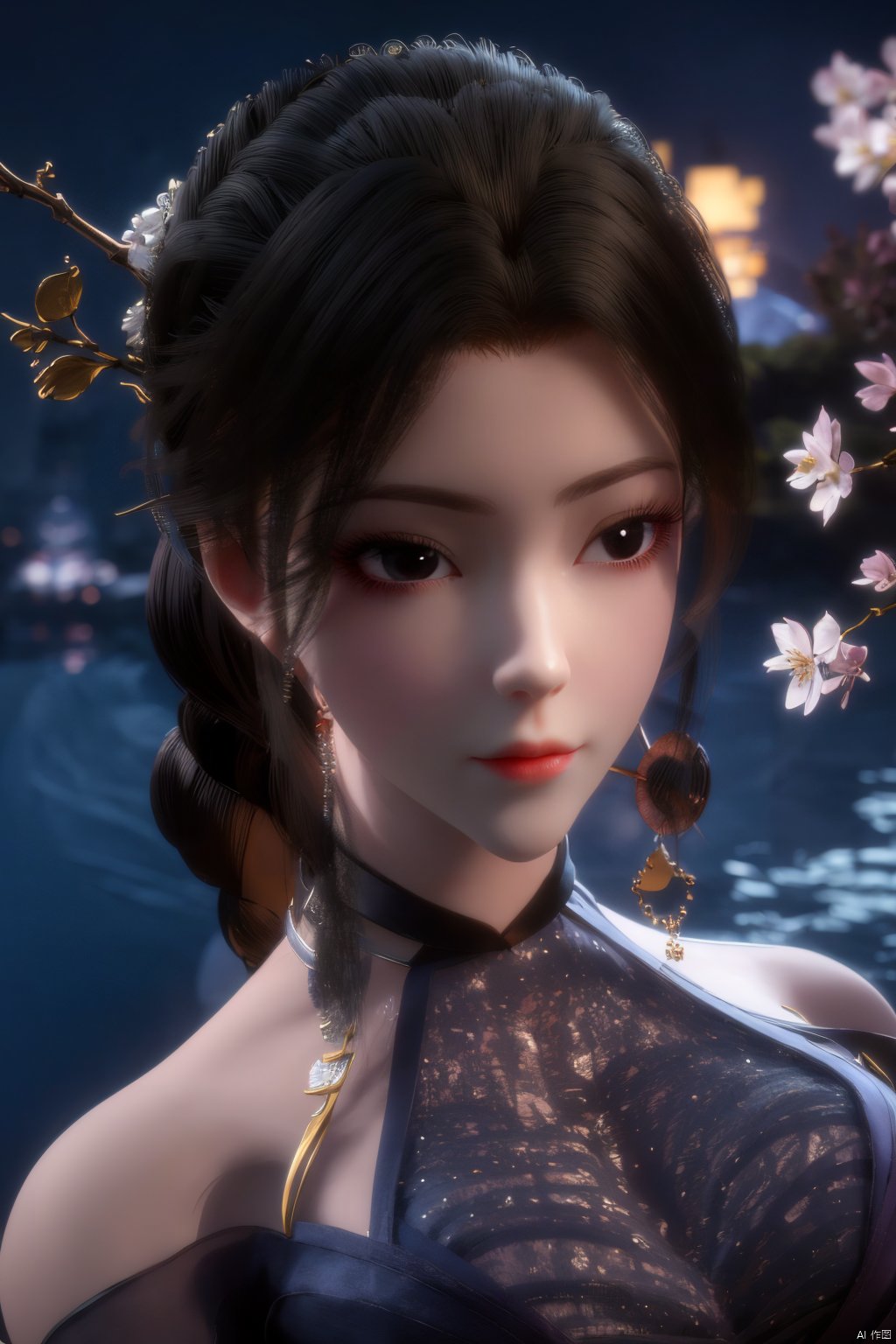  Upper body, panoramic view, exploring cherry blossom branches, fairyland, light blue elements, night, side light shining on the face,Xlujiejie,Xyunxi, Xlongnv, Yunxiao_Fairy,Xtianhu