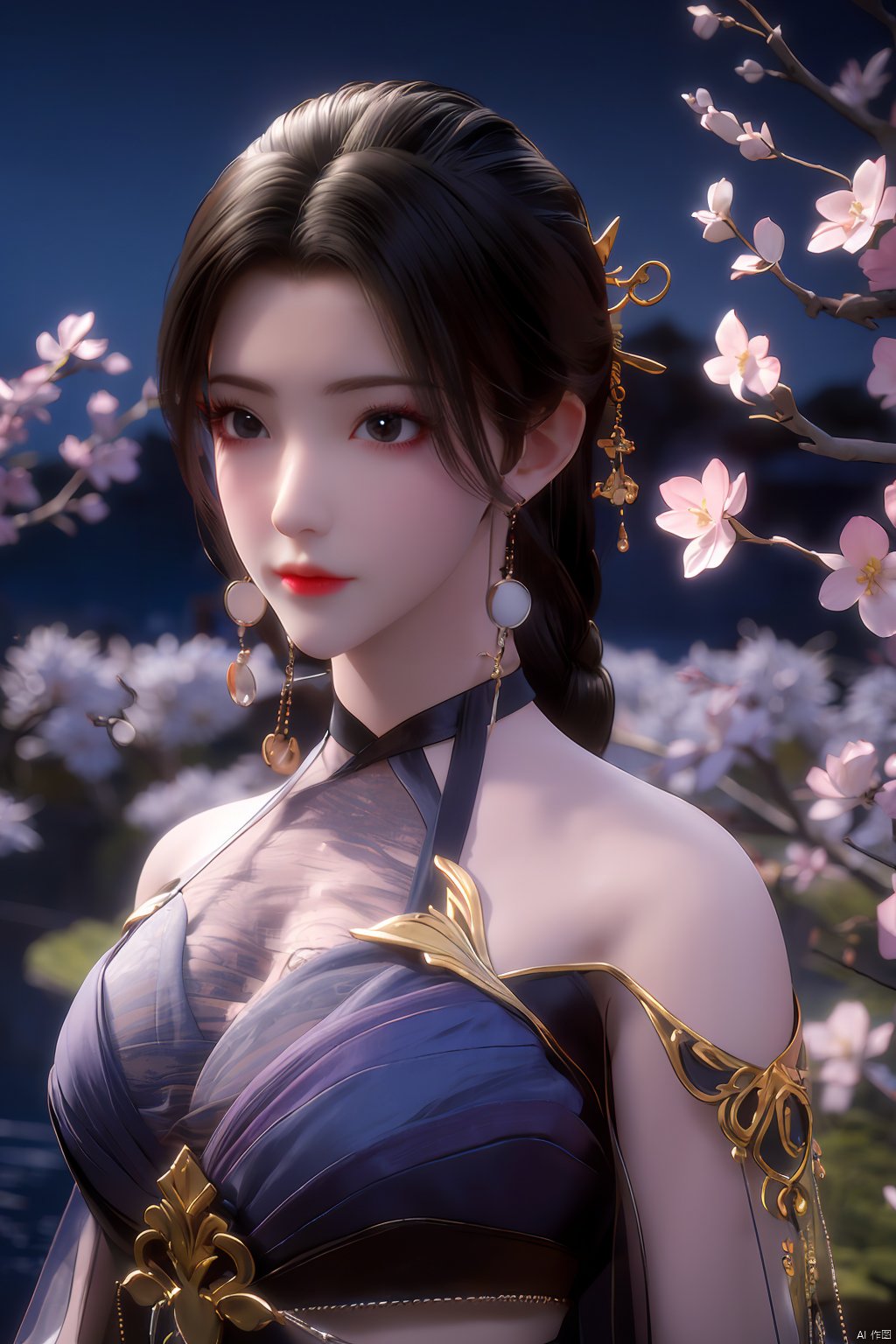  Upper body, panoramic view, exploring cherry blossom branches, fairyland, light blue elements, night, side light shining on the face,Xlujiejie,Xyunxi, Xlongnv, Yunxiao_Fairy,Xtianhu