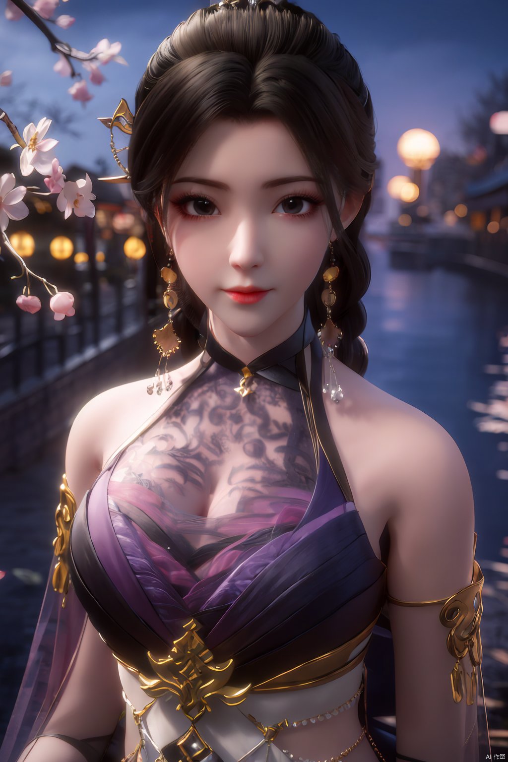  Upper body, panoramic view, exploring cherry blossom branches, fairyland, light blue elements, night, side light shining on the face,Xlujiejie,Xyunxi, Xlongnv, Yunxiao_Fairy,Xtianhu