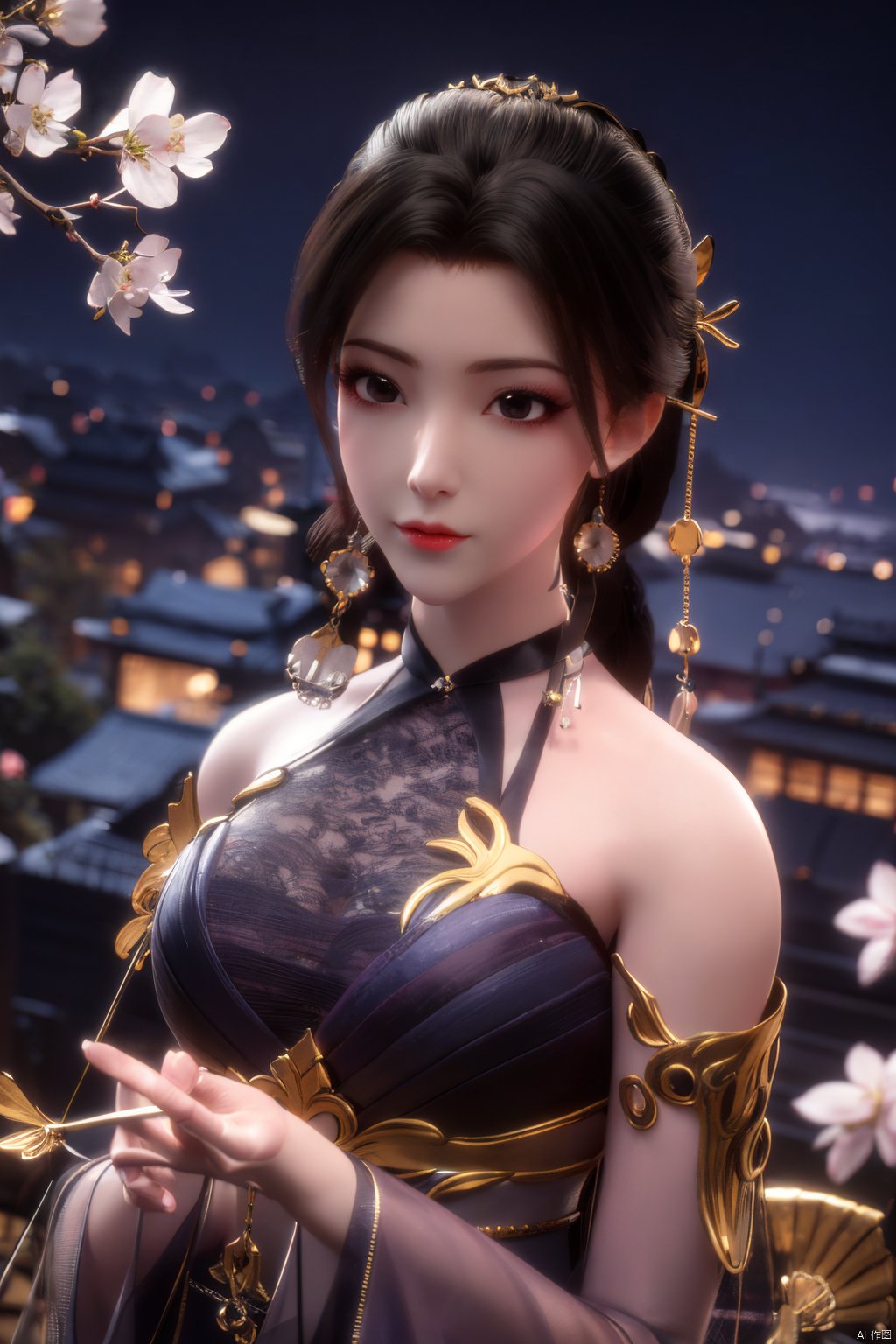  Upper body, panoramic view, exploring cherry blossom branches, fairyland, light blue elements, night, side light shining on the face,Xlujiejie,Xyunxi, Xlongnv, Yunxiao_Fairy,Xtianhu