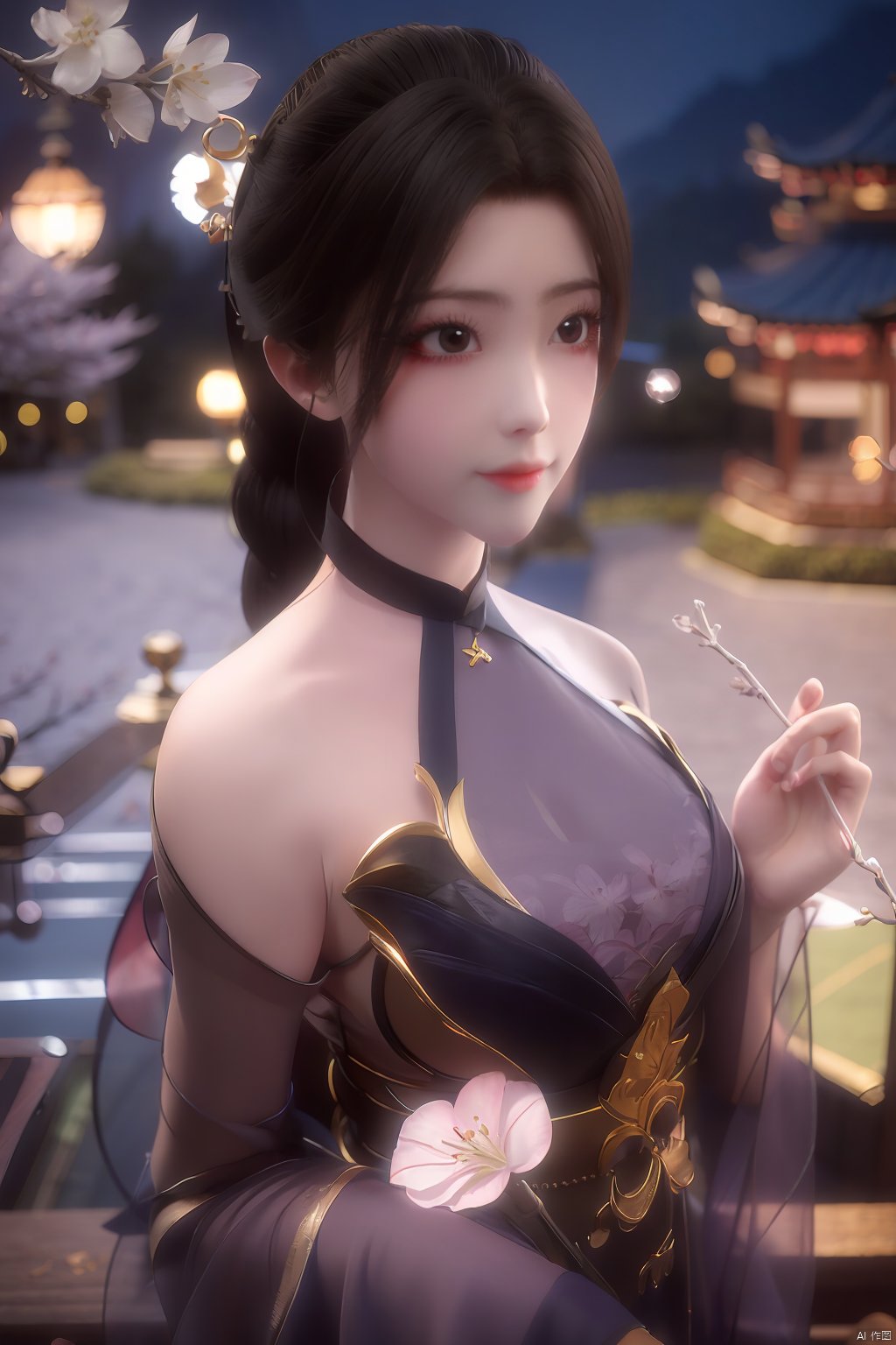  Upper body, panoramic view, exploring cherry blossom branches, fairyland, light blue elements, night, side light shining on the face,Xlujiejie,Xyunxi, Xlongnv, Yunxiao_Fairy,Xtianhu