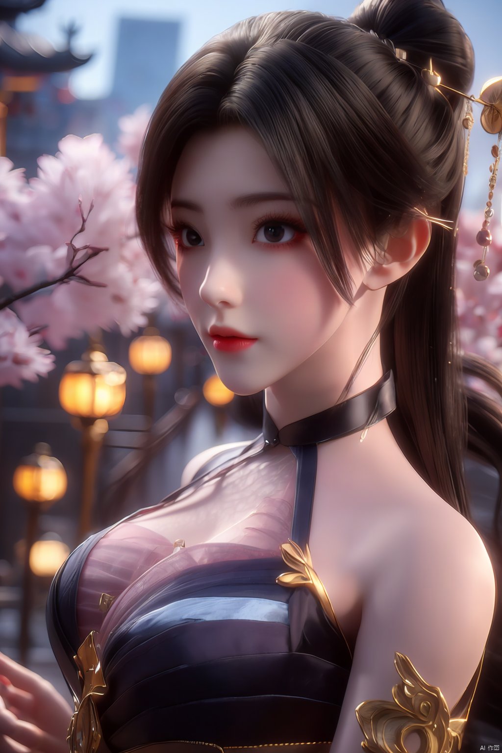  Upper body, panoramic view, exploring cherry blossom branches, fairyland, light blue elements, night, side light shining on the face,Xlujiejie,Xyunxi, Xlongnv, Yunxiao_Fairy,Xtianhu