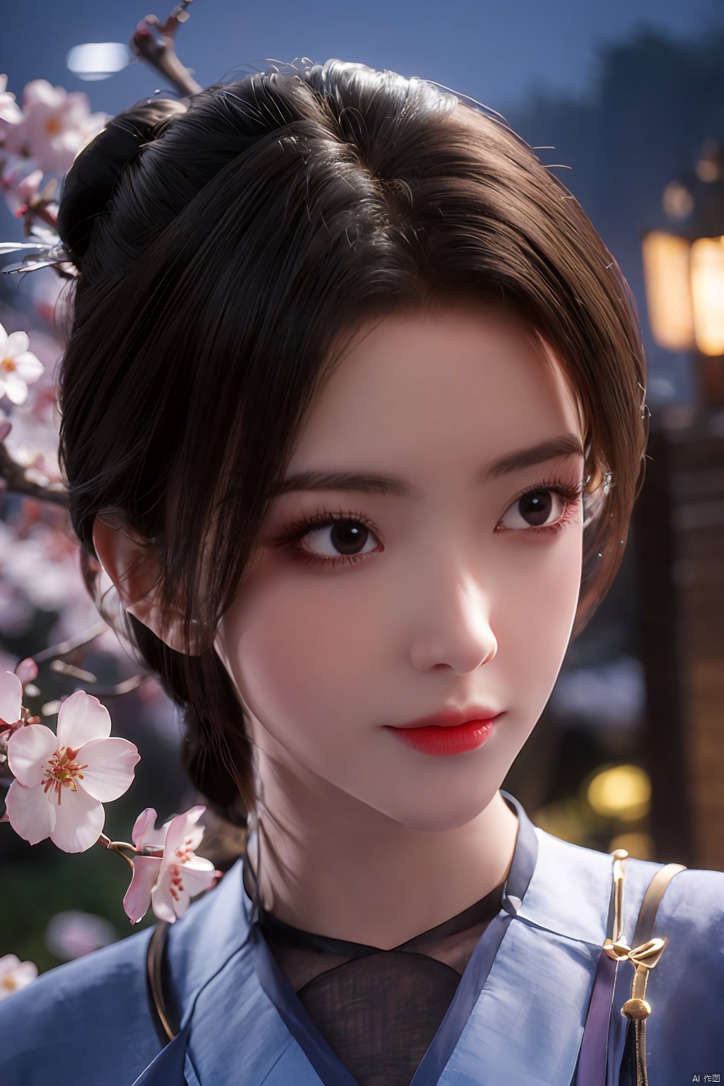  Upper body, panoramic view, exploring cherry blossom branches, fairyland, light blue elements, night, side light shining on the face,Xlujiejie,Xyunxi, Xlongnv, Yunxiao_Fairy,Xtianhu,depth of field