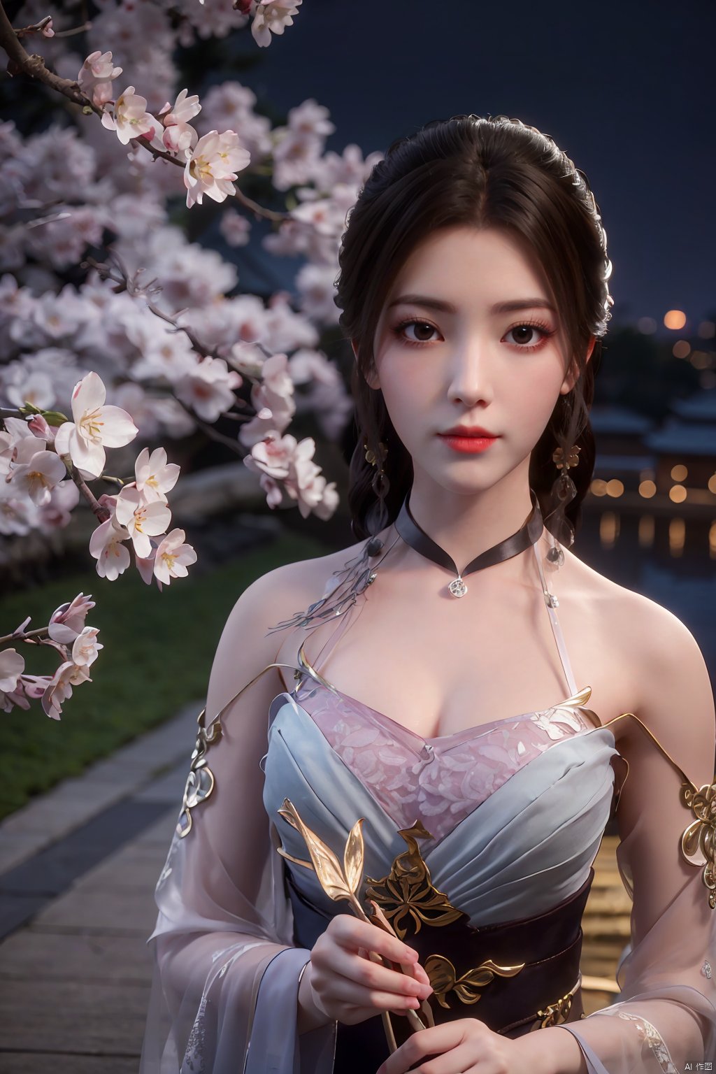  Upper body, panoramic view, exploring cherry blossom branches, fairyland, light blue elements, night, side light shining on the face,Xlujiejie,Xyunxi, Xlongnv, Yunxiao_Fairy,Xtianhu