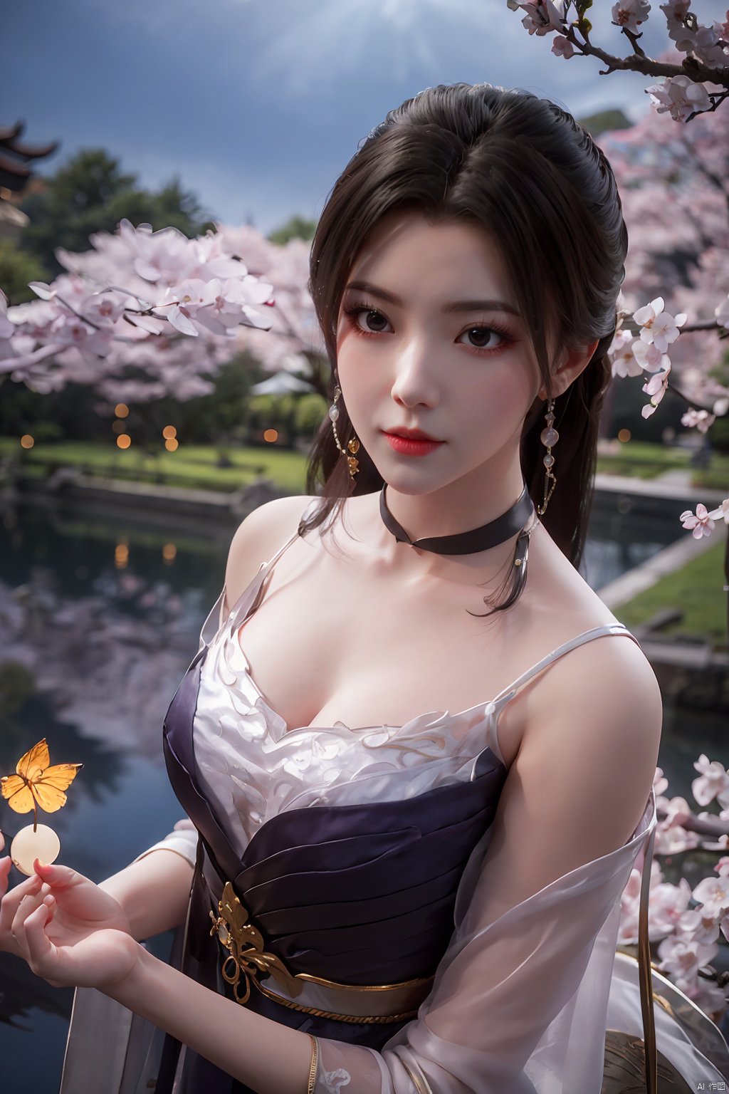  Upper body, panoramic view, exploring cherry blossom branches, fairyland, light blue elements, night, side light shining on the face,Xlujiejie,Xyunxi, Xlongnv, Yunxiao_Fairy,Xtianhu