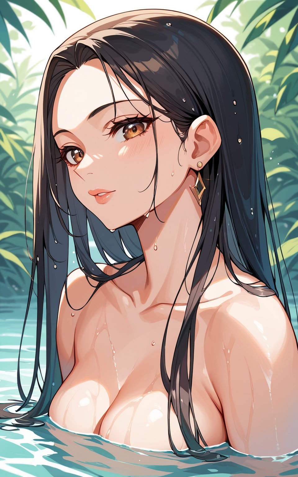 score_9,score_8_up,score_7_up, 1girl,long hair,looking at viewer,black hair,brown eyes,jewelry,collarbone,upper body,earrings,water,lips,wet