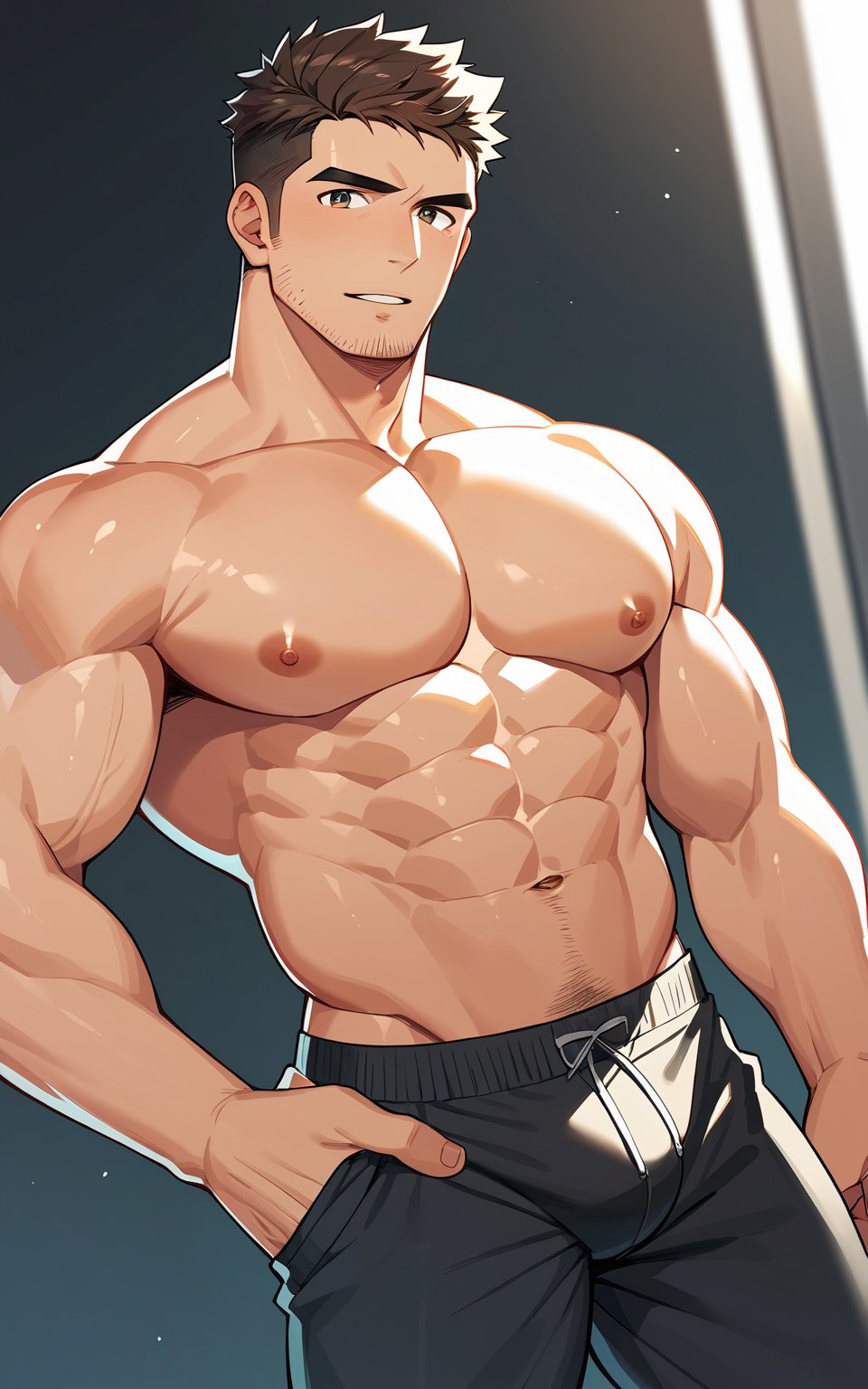 score_9,score_8_up,score_7_up, looking at viewer,short hair,brown hair,black hair,1boy,navel,underwear,nipples,male focus,parted lips,pants,muscular,facial hair,pectorals,muscular male,bara,topless male,stubble,male underwear